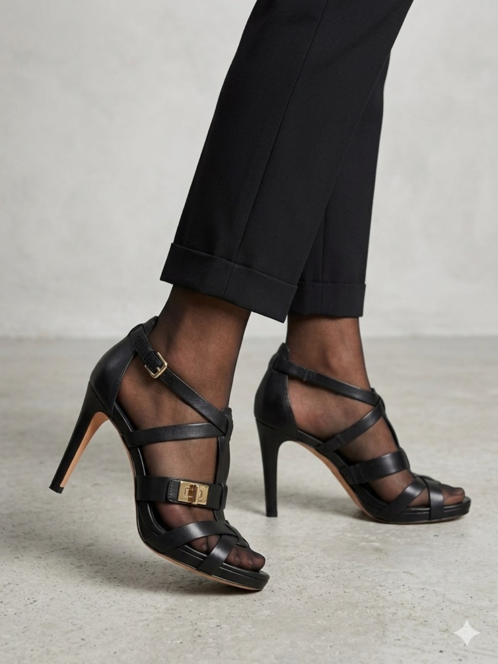 Cole Haan Nike Air Black Leather Strappy Cage Heels Gold Hardware Size 8.5B